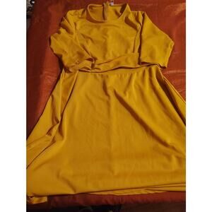 Womens 2X Mustard Yellow ALine Dress 3/4 Sleeve Back Zipper Flared Knee Length